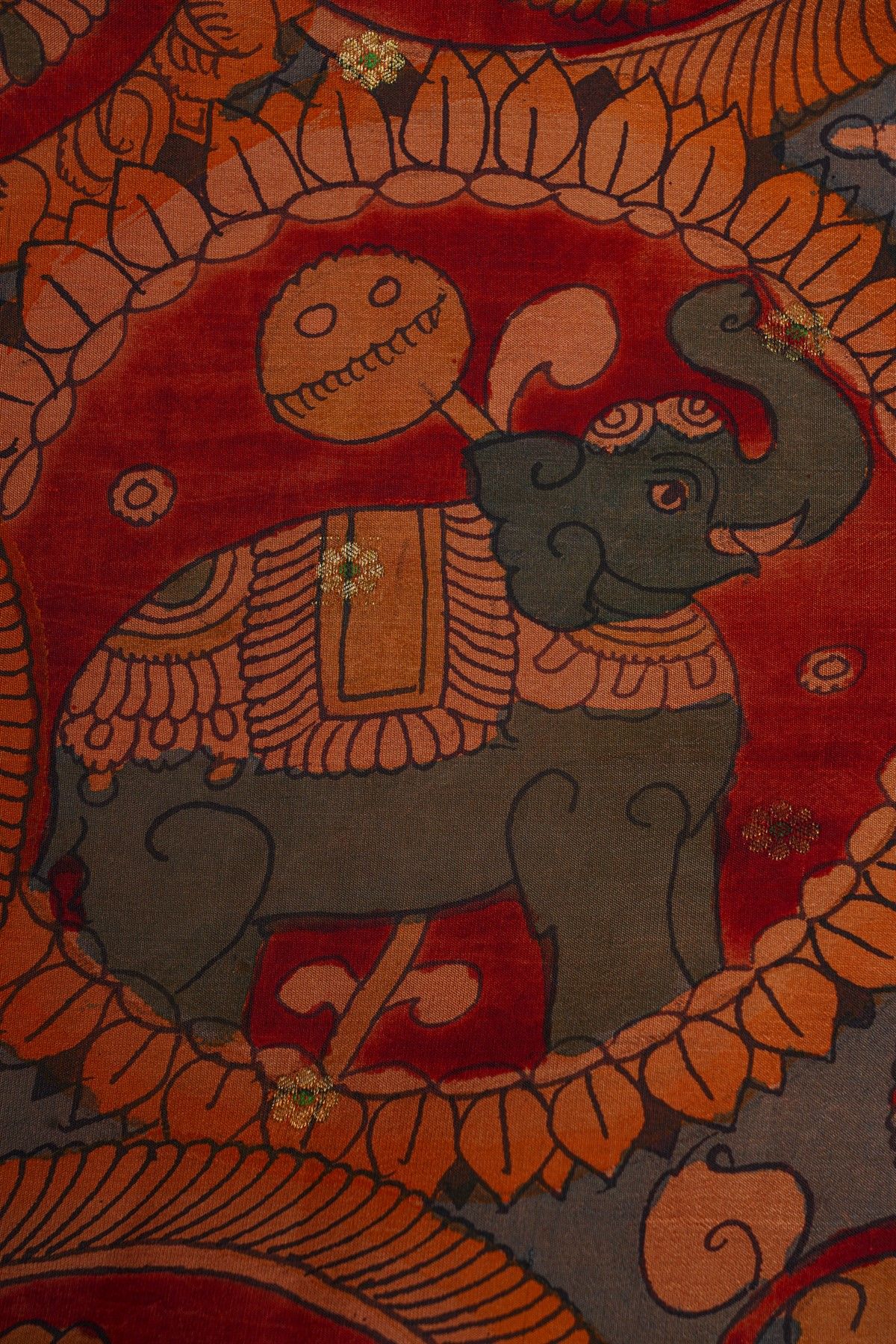 Kalamkari Silk Red Saree With Peacocks And Florals Paithani Border