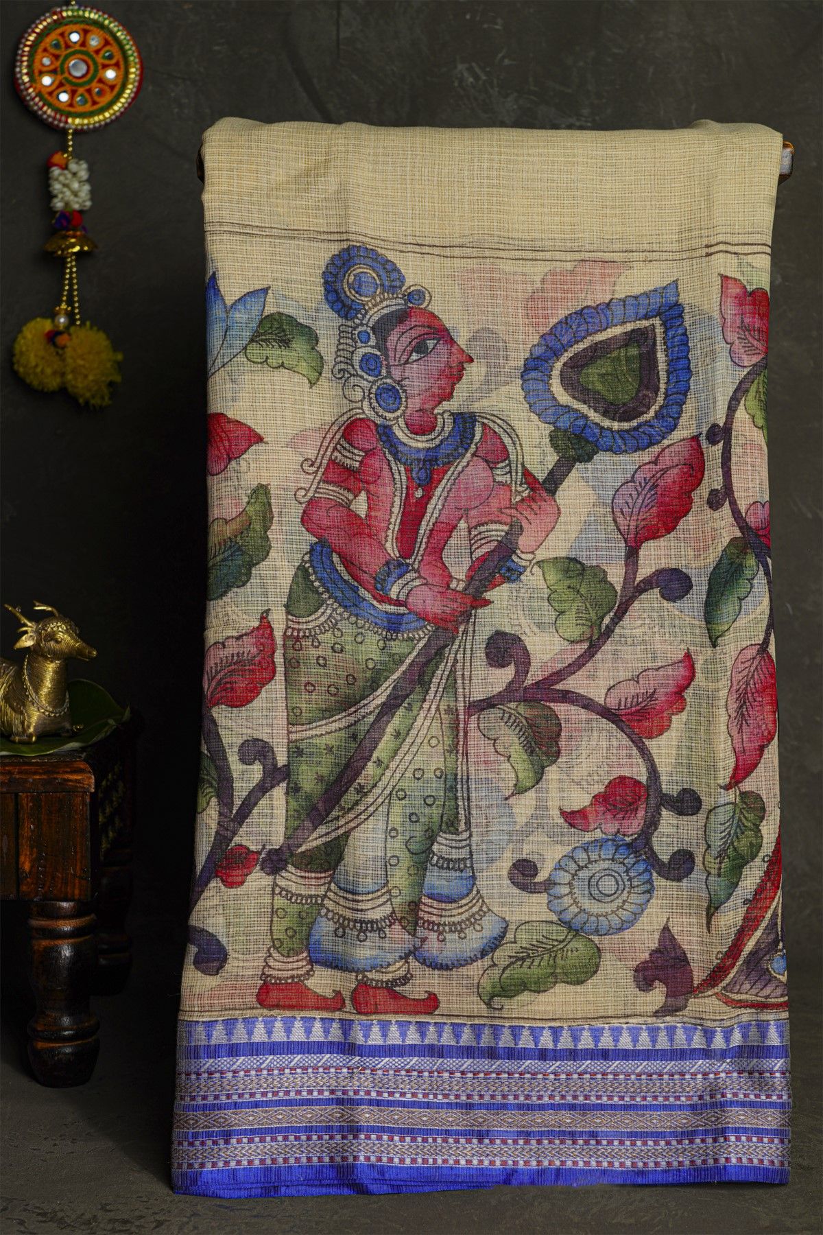 Kalamkari Silk Beige Saree With Diamonds And Florals Border