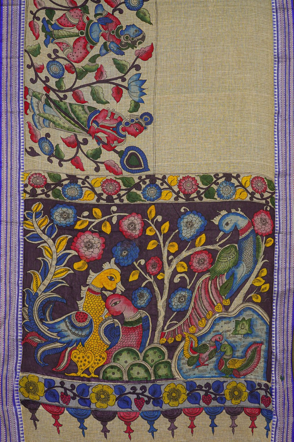 Kalamkari Silk Beige Saree With Diamonds And Florals Border