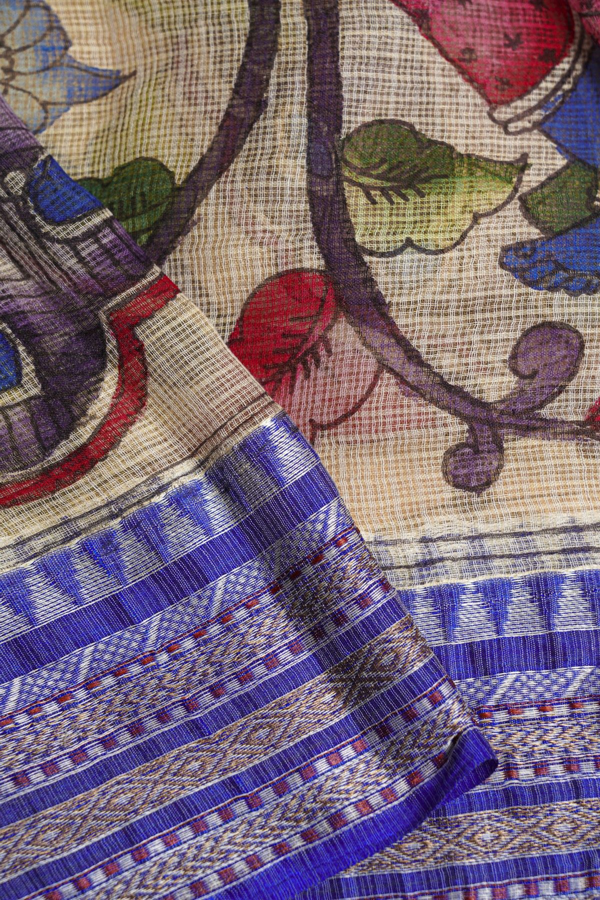 Kalamkari Silk Beige Saree With Diamonds And Florals Border