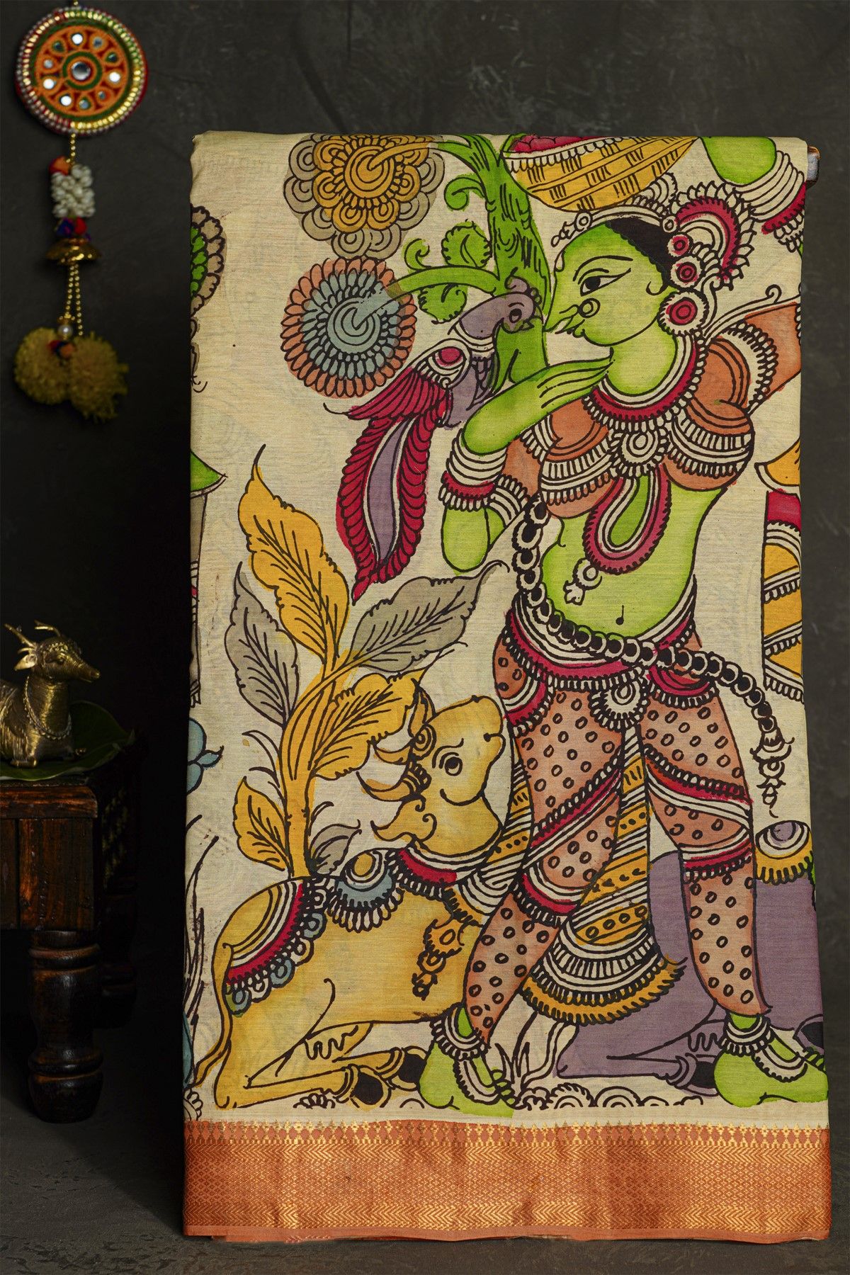 Kalamkari Silk Cream Saree With Diamonds Border