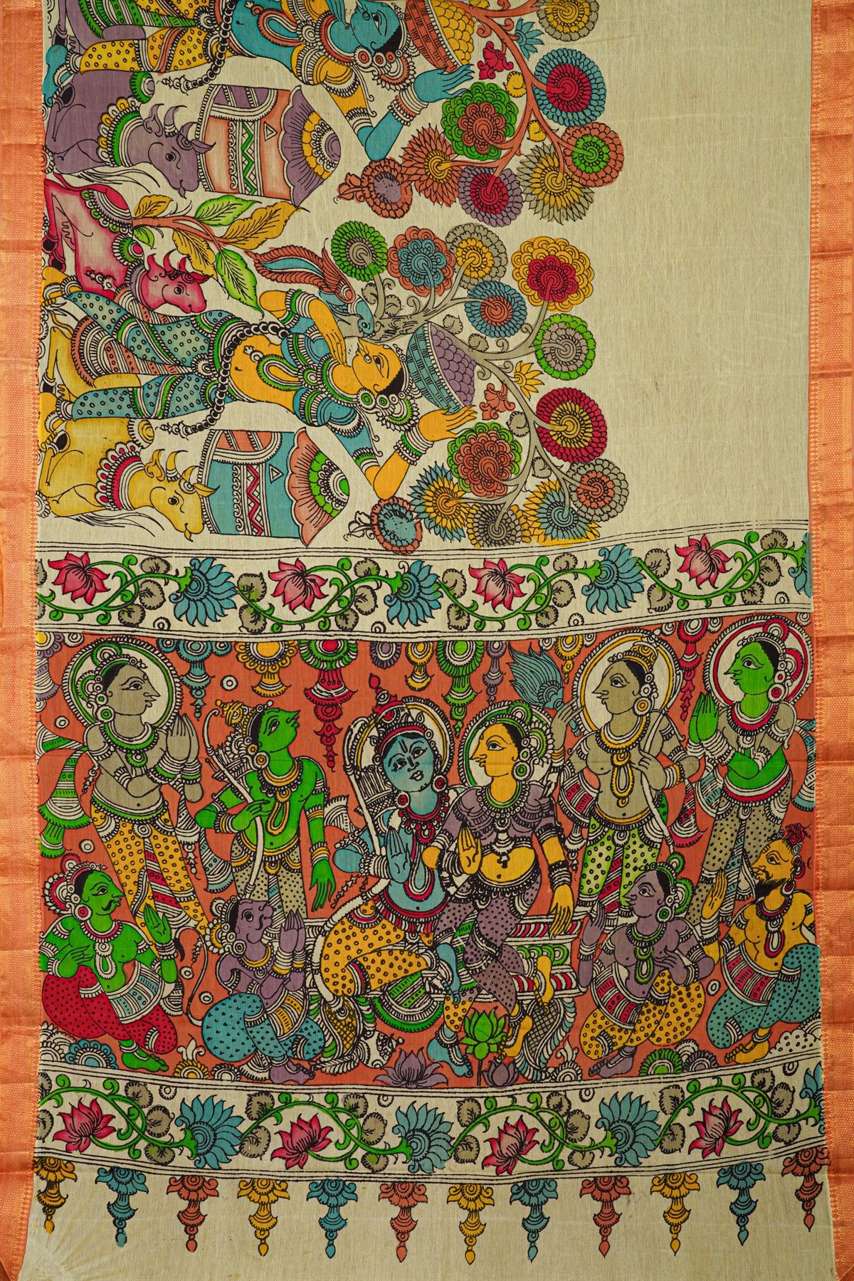 Kalamkari Silk Cream Saree With Diamonds Border