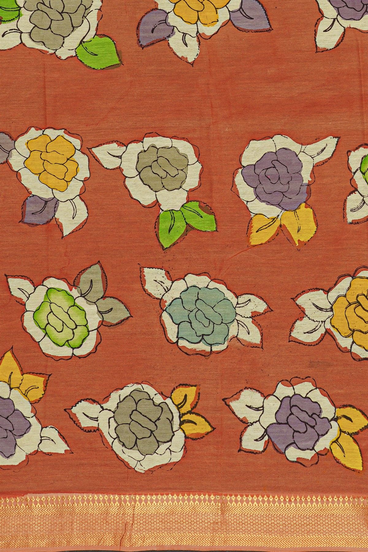 Kalamkari Silk Cream Saree With Diamonds Border