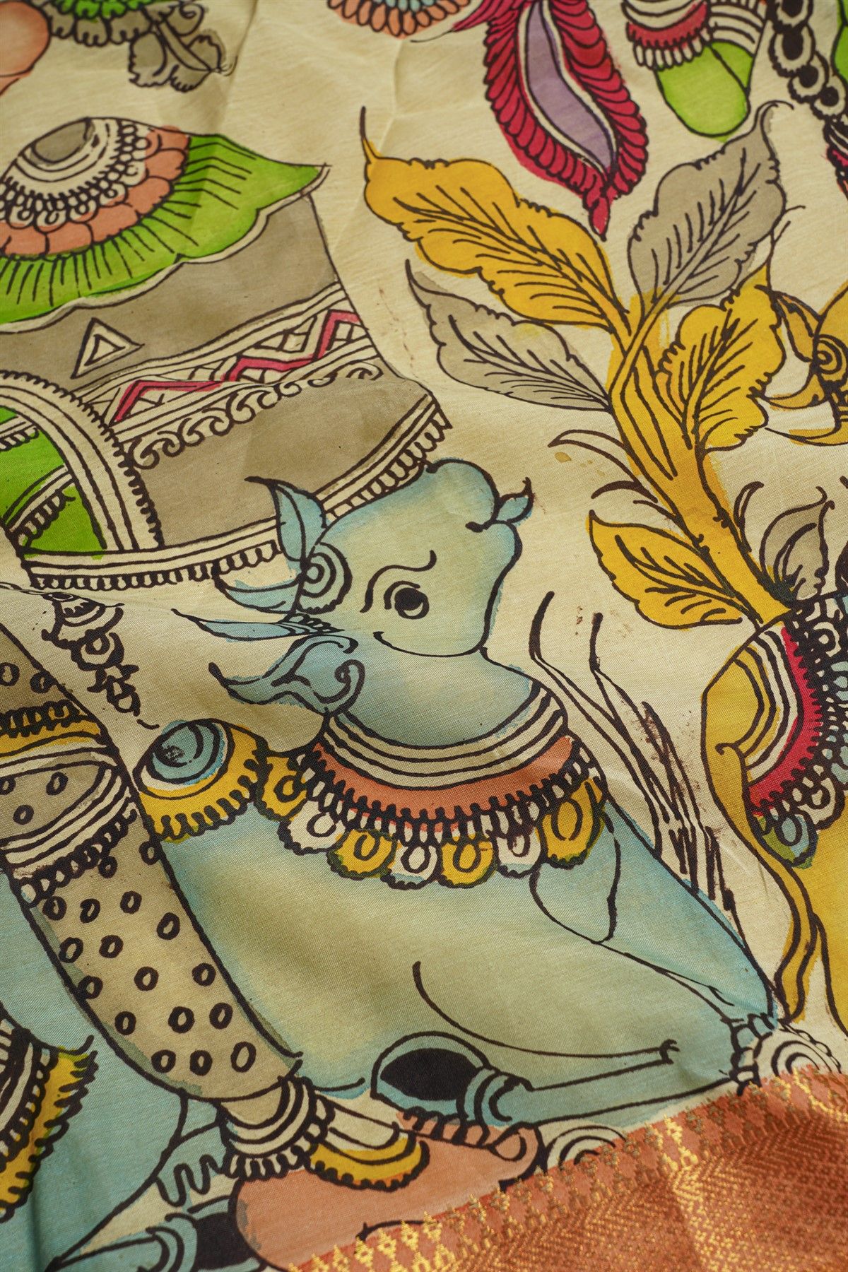 Kalamkari Silk Cream Saree With Diamonds Border