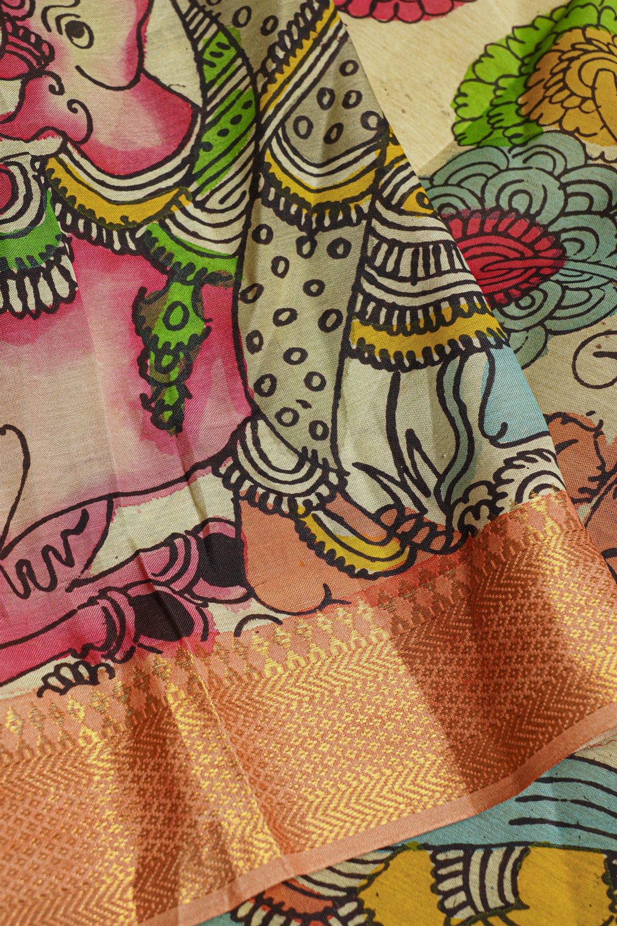 Kalamkari Silk Cream Saree With Diamonds Border