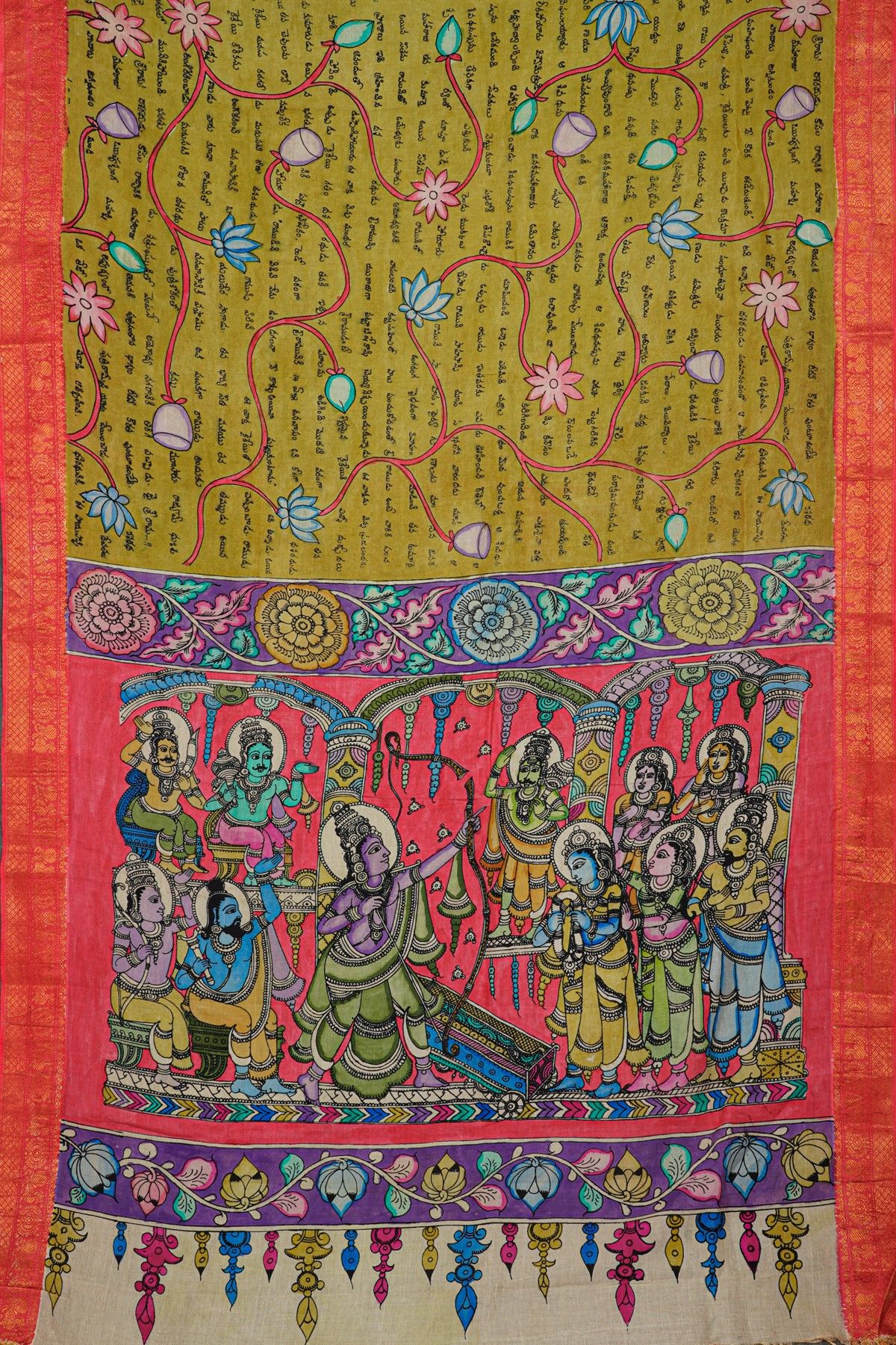 Kalamkari Silk Mehendi Green Saree With Florals And Peacocks Border