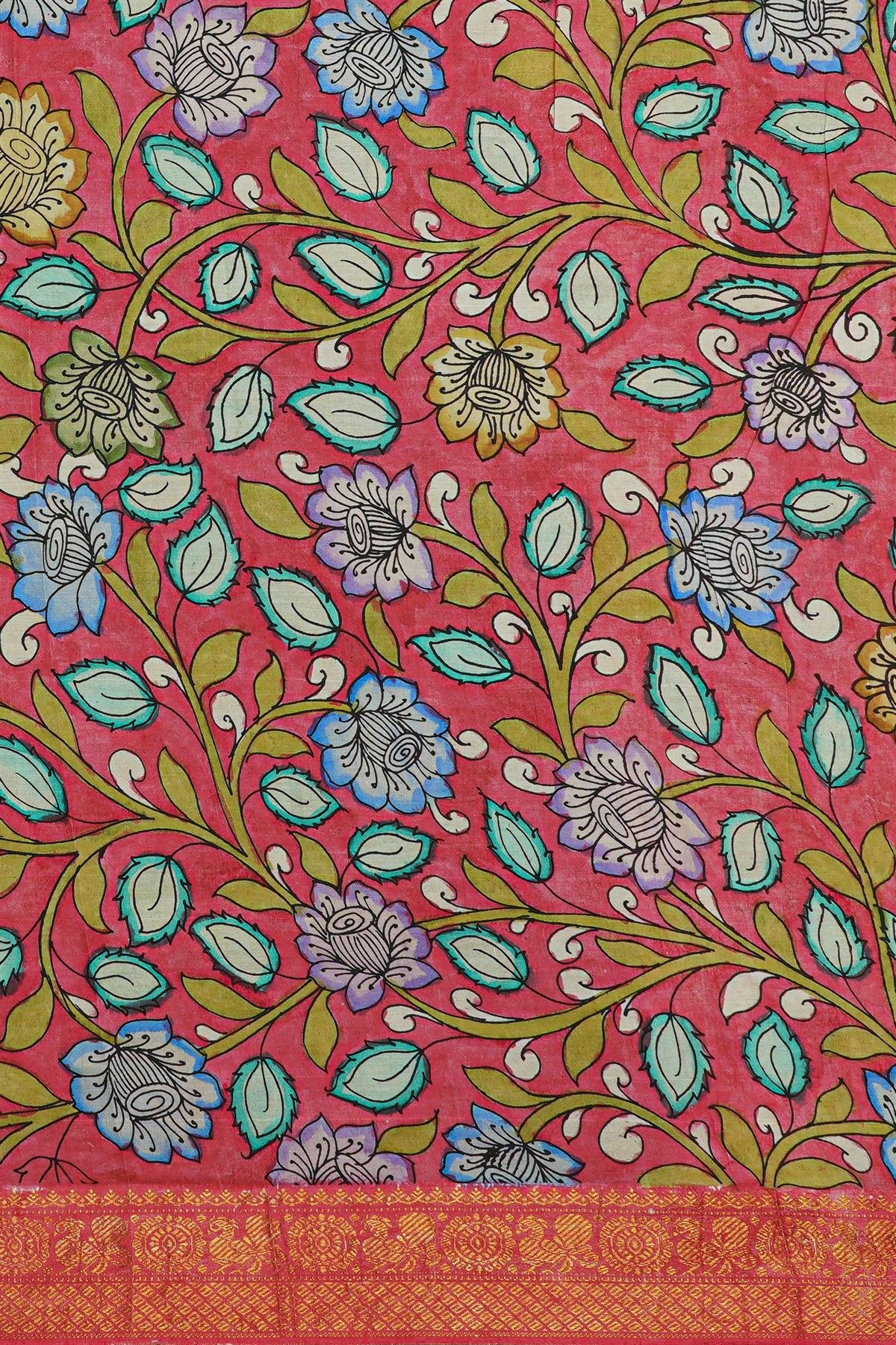 Kalamkari Silk Mehendi Green Saree With Florals And Peacocks Border