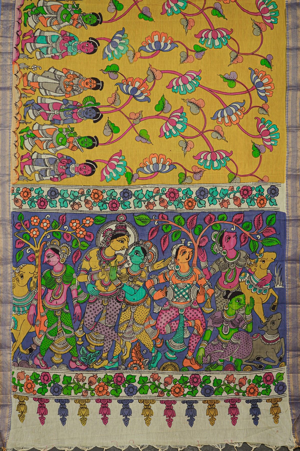 Kalamkari Silk Mustard Saree With Diamonds Border