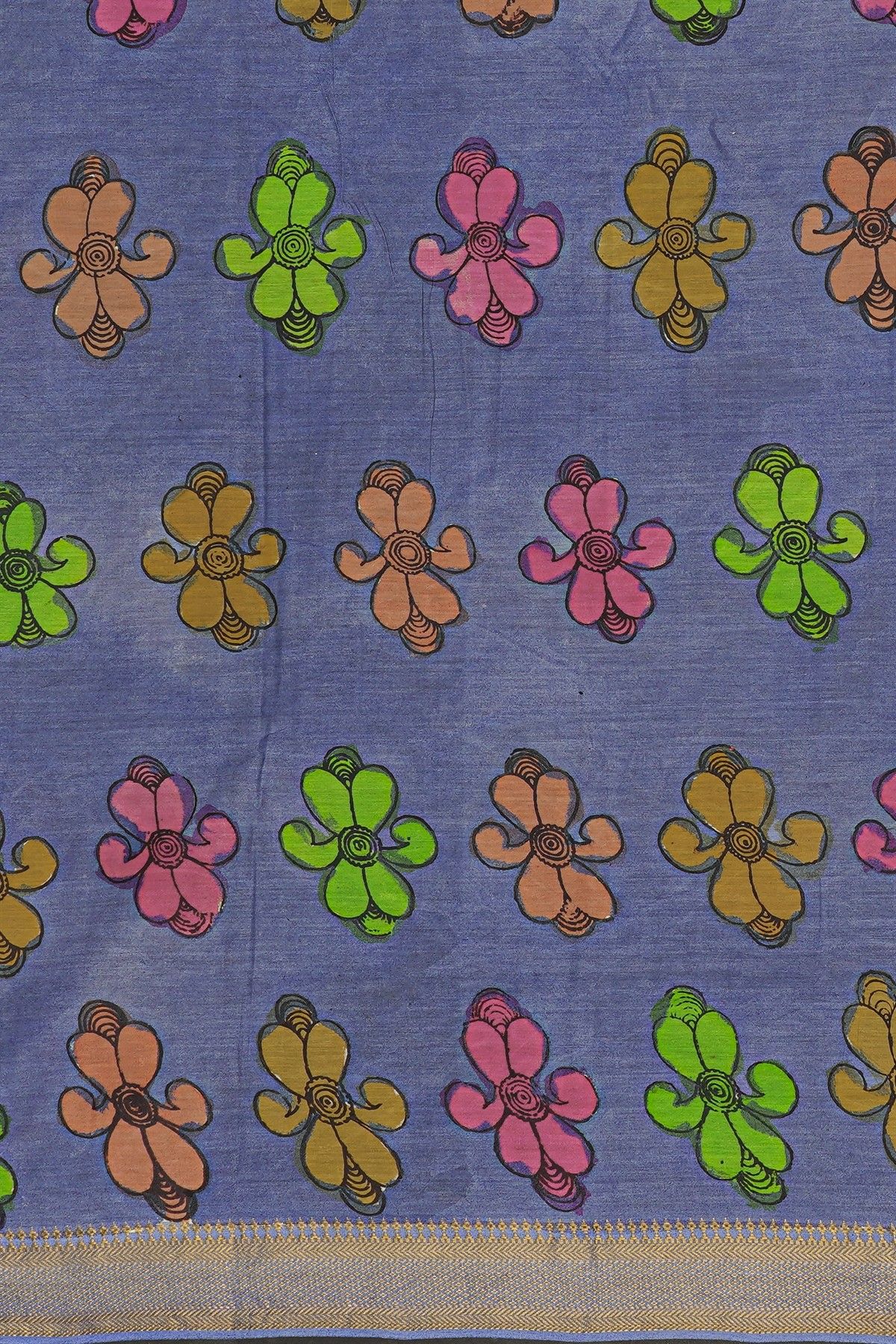Kalamkari Silk Mustard Saree With Diamonds Border