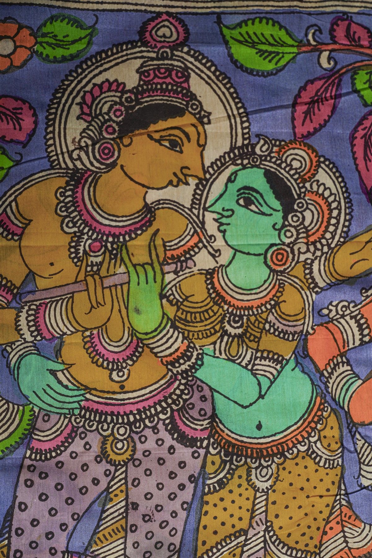 Kalamkari Silk Mustard Saree With Diamonds Border