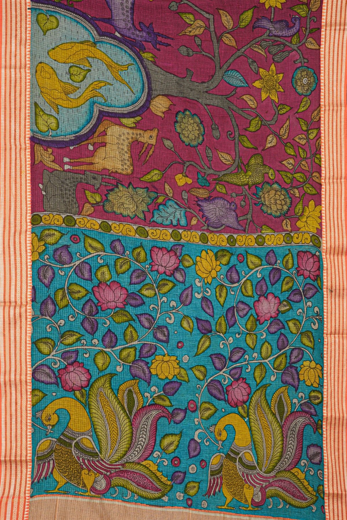 Kalamkari Silk Pink Saree With Geometric Border