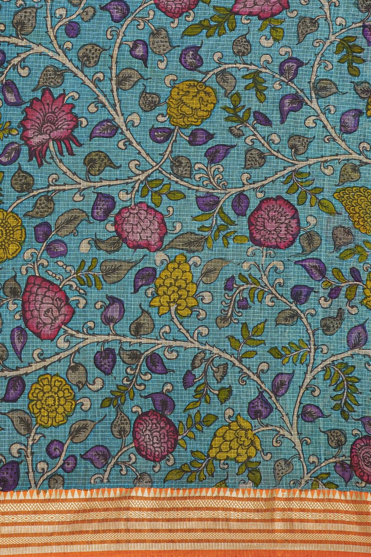 Kalamkari Silk Pink Saree With Geometric Border