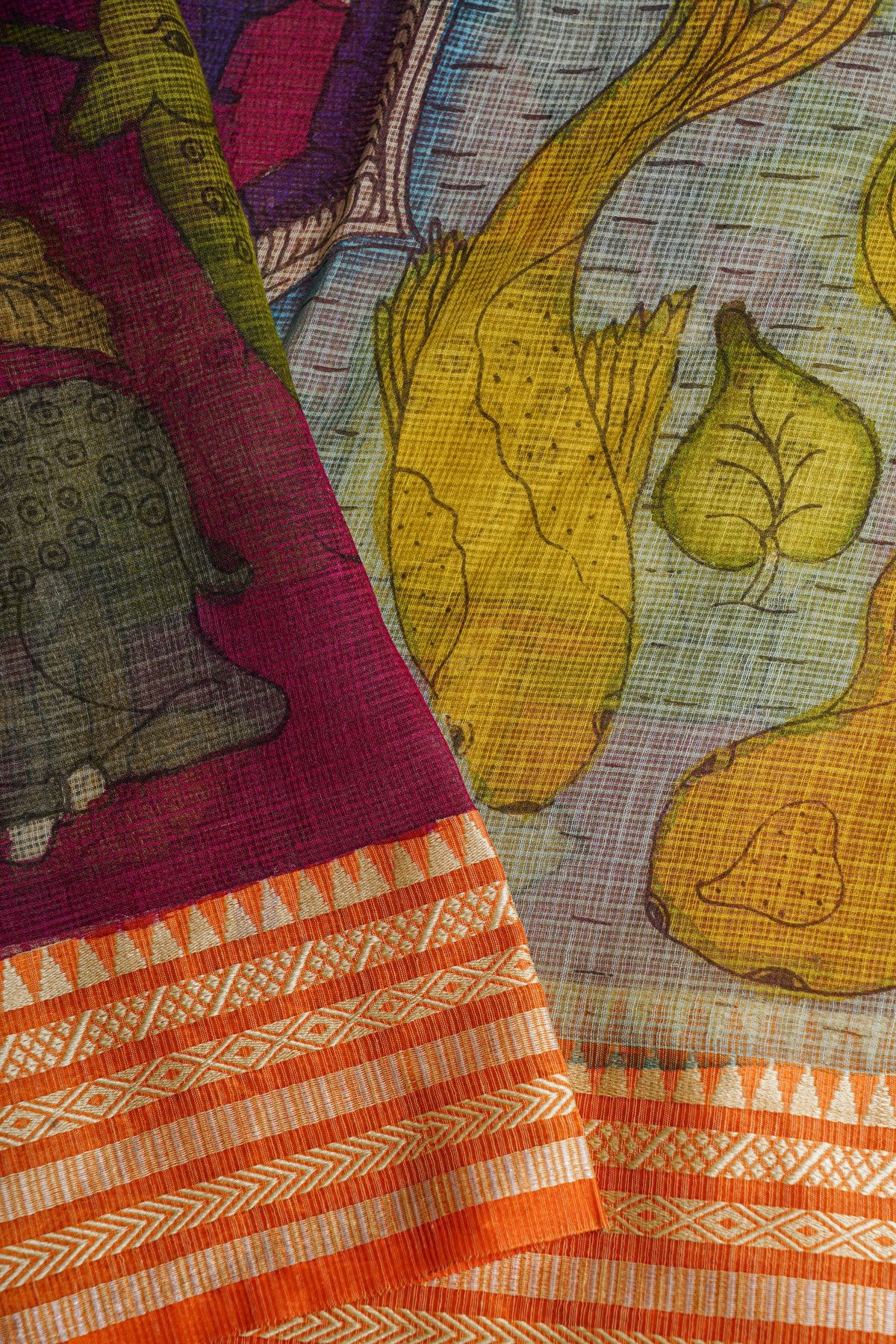 Kalamkari Silk Pink Saree With Geometric Border