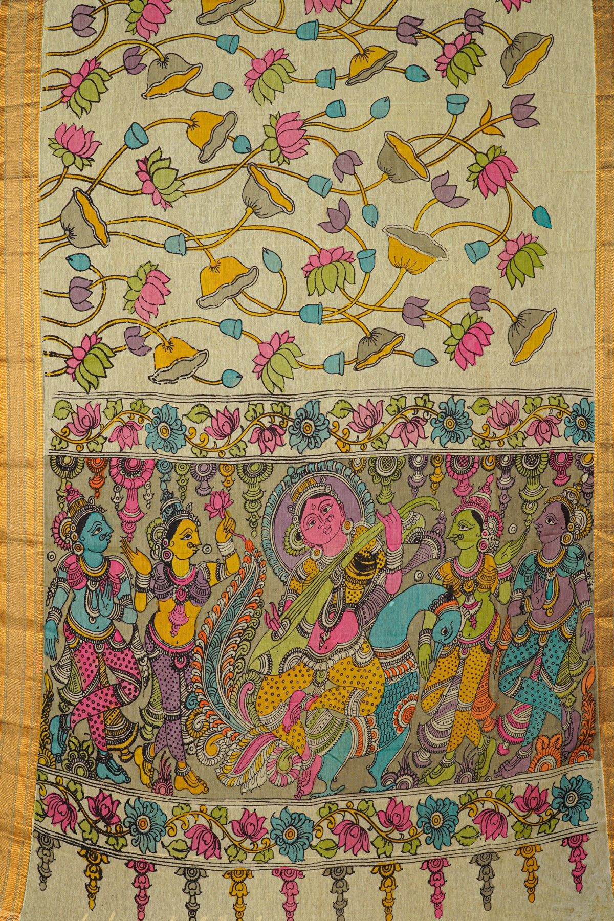 Kalamkari Cream Saree With Diamonds And Cross Lines Border
