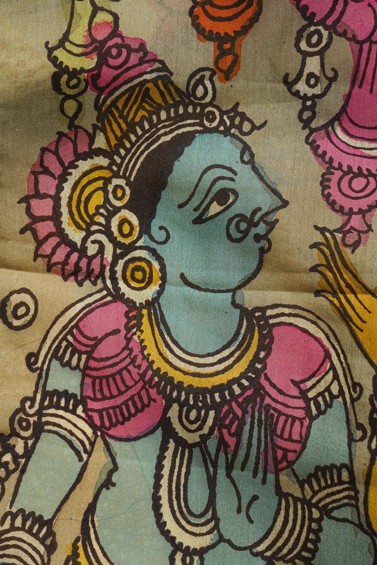Kalamkari Cream Saree With Diamonds And Cross Lines Border