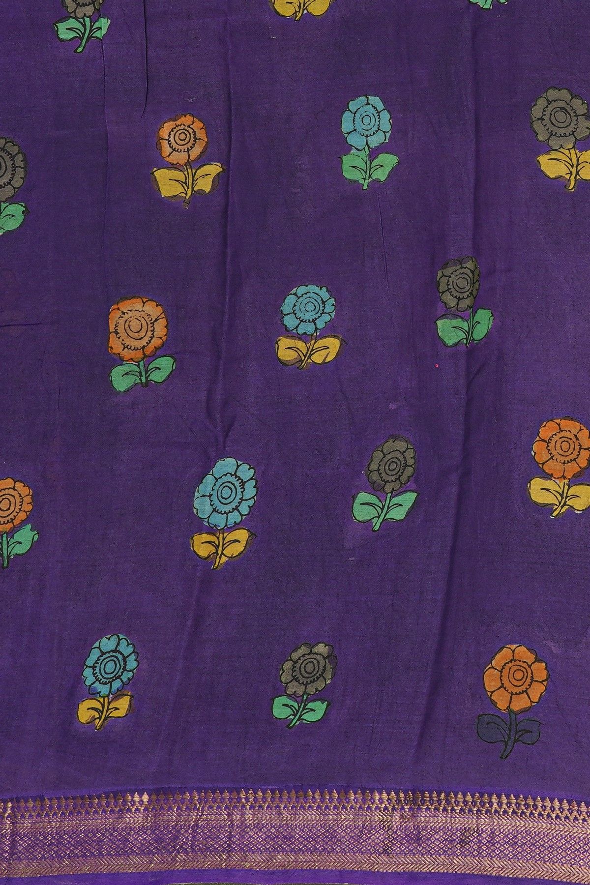 Kalamkari Cream Saree With Florals And Diamonds Border