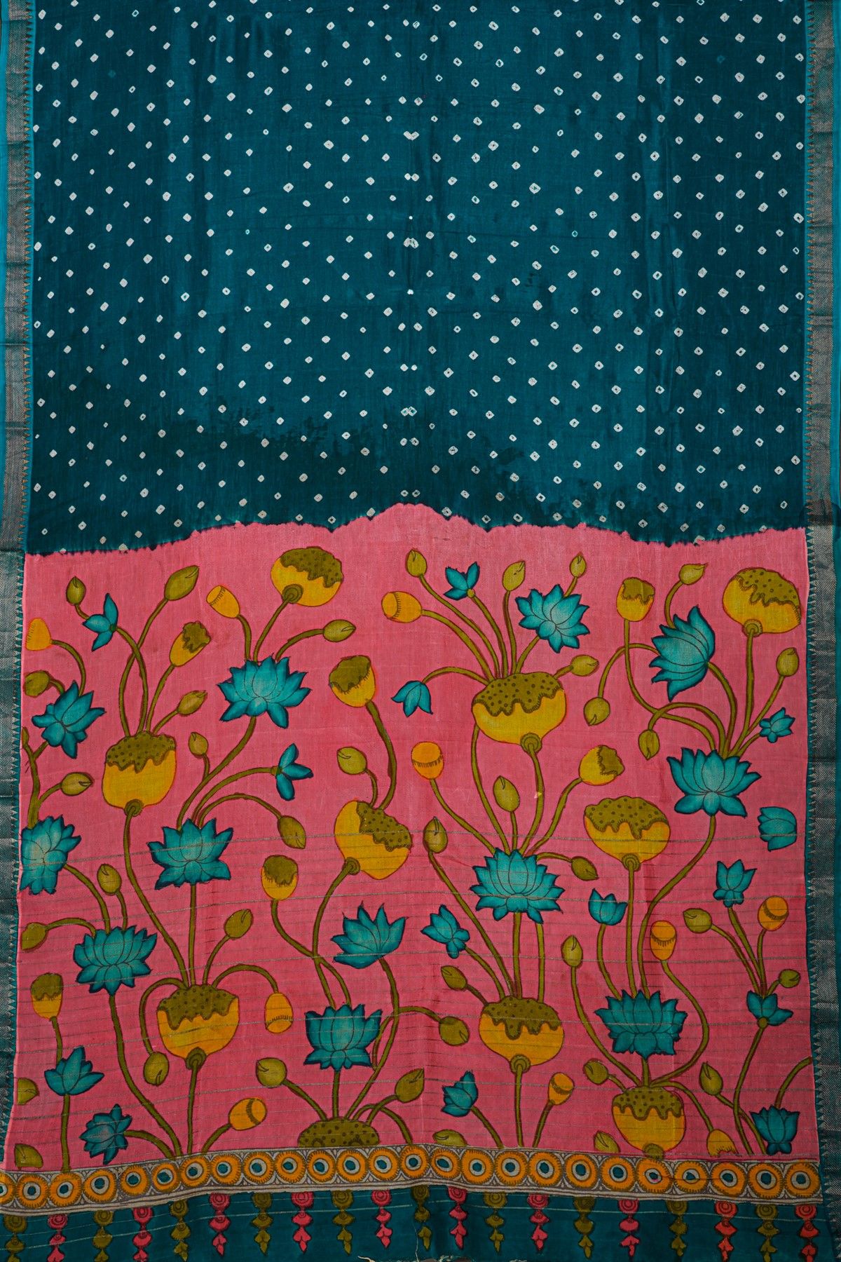 Kalamkari Teal Blue Saree With Cross Lines Temple Border
