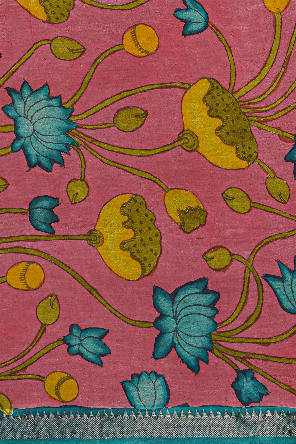 Kalamkari Teal Blue Saree With Cross Lines Temple Border
