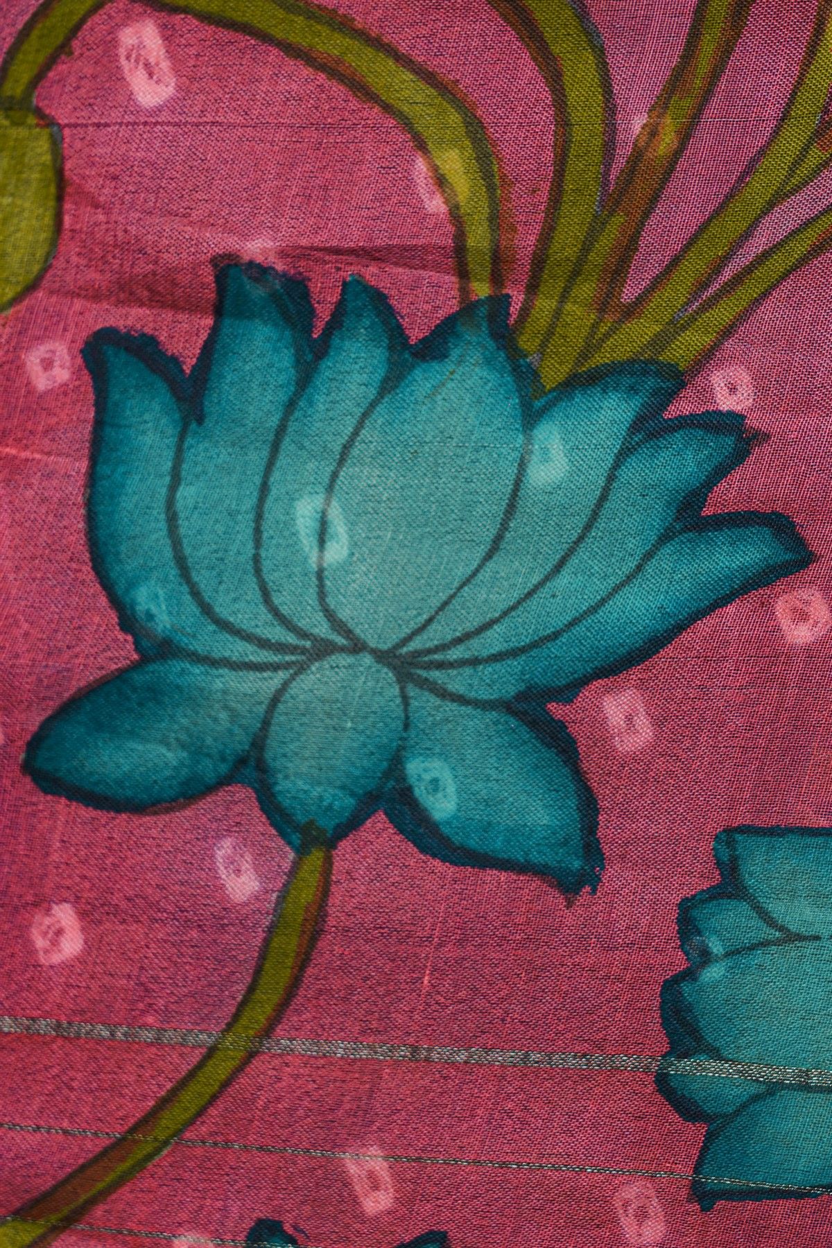 Kalamkari Teal Blue Saree With Cross Lines Temple Border