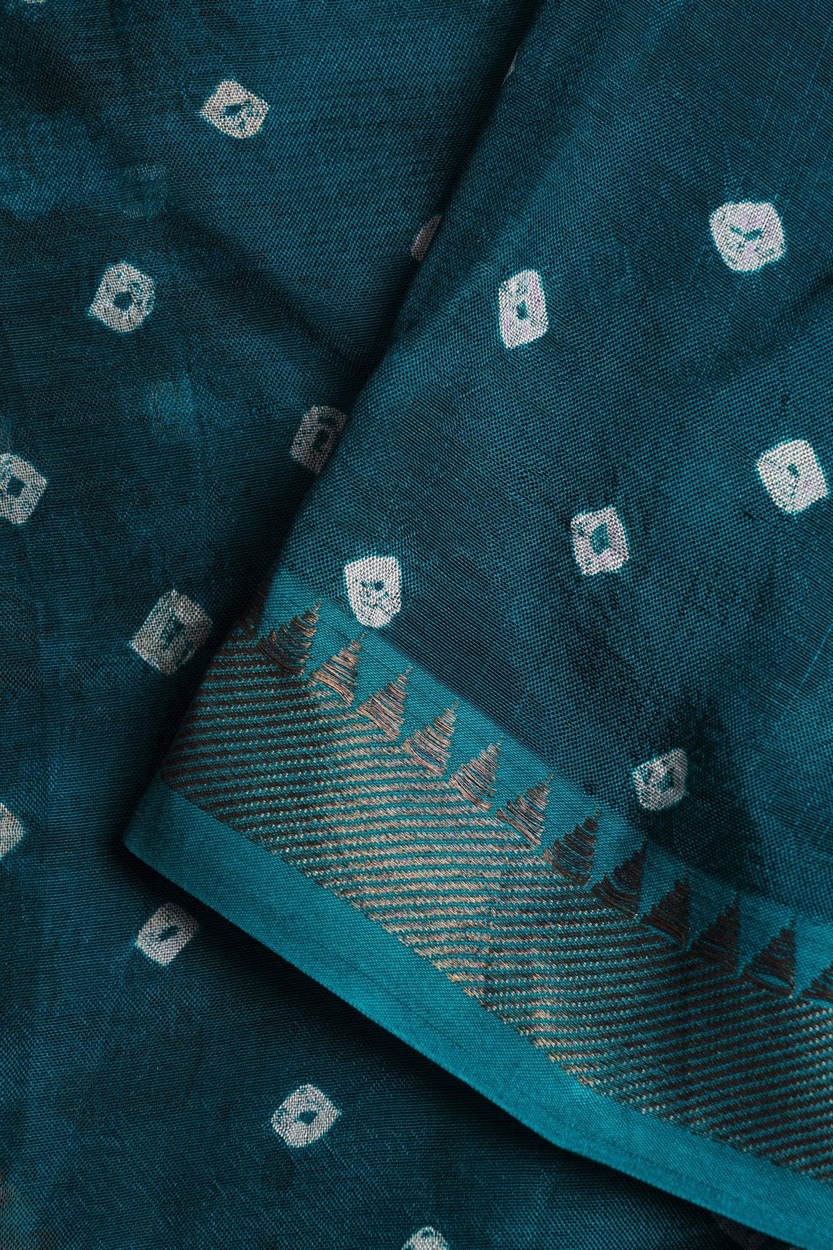Kalamkari Teal Blue Saree With Cross Lines Temple Border