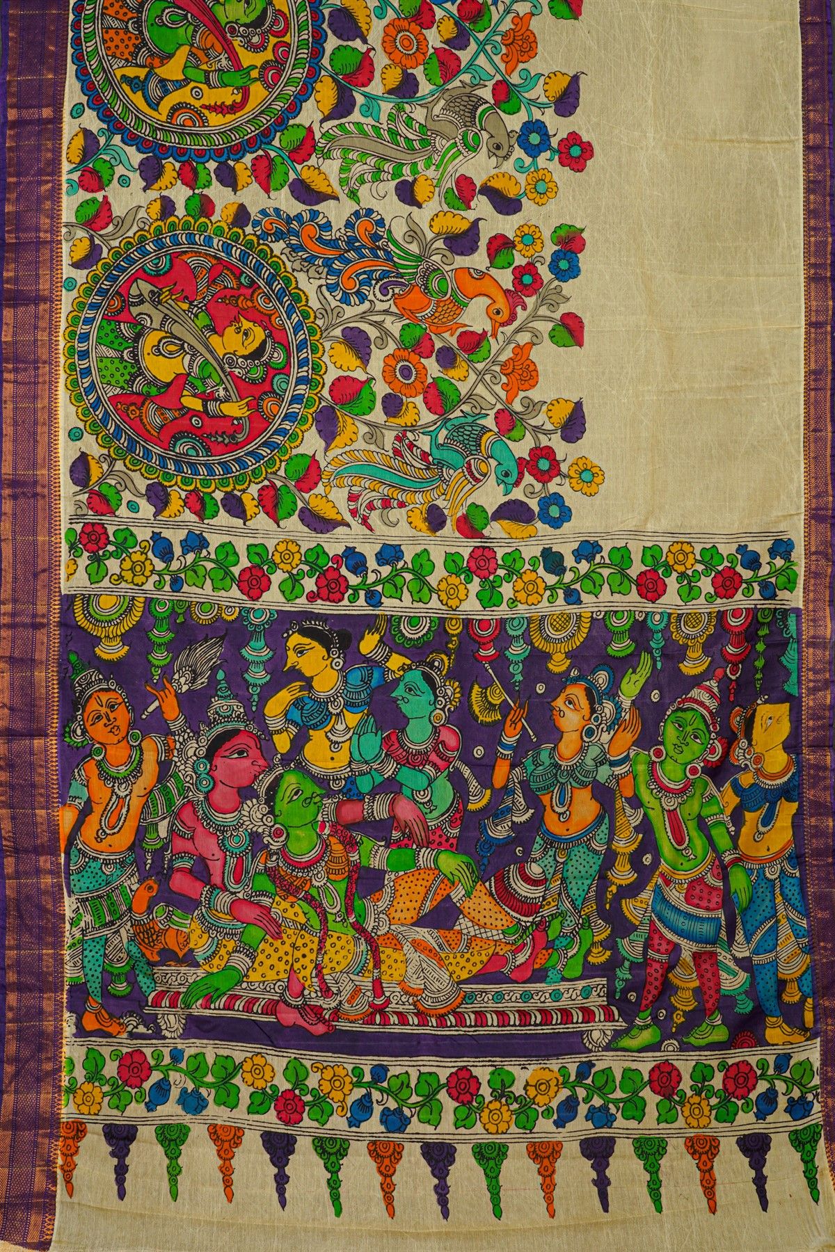 Kalamkari Multi Colour Saree With Diamonds Border