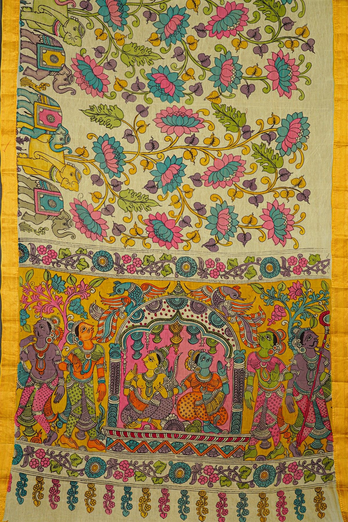 Kalamkari Cream Saree With Diamonds Temples Border