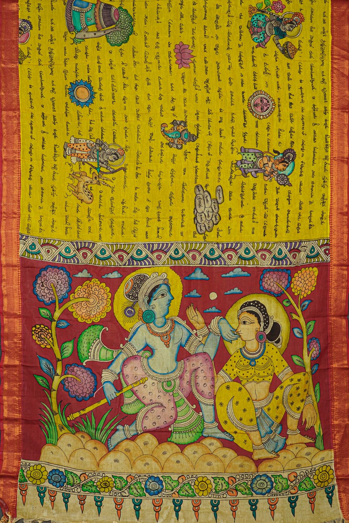 Kalamkari Yellow Saree With Florals And Cross Lines Border