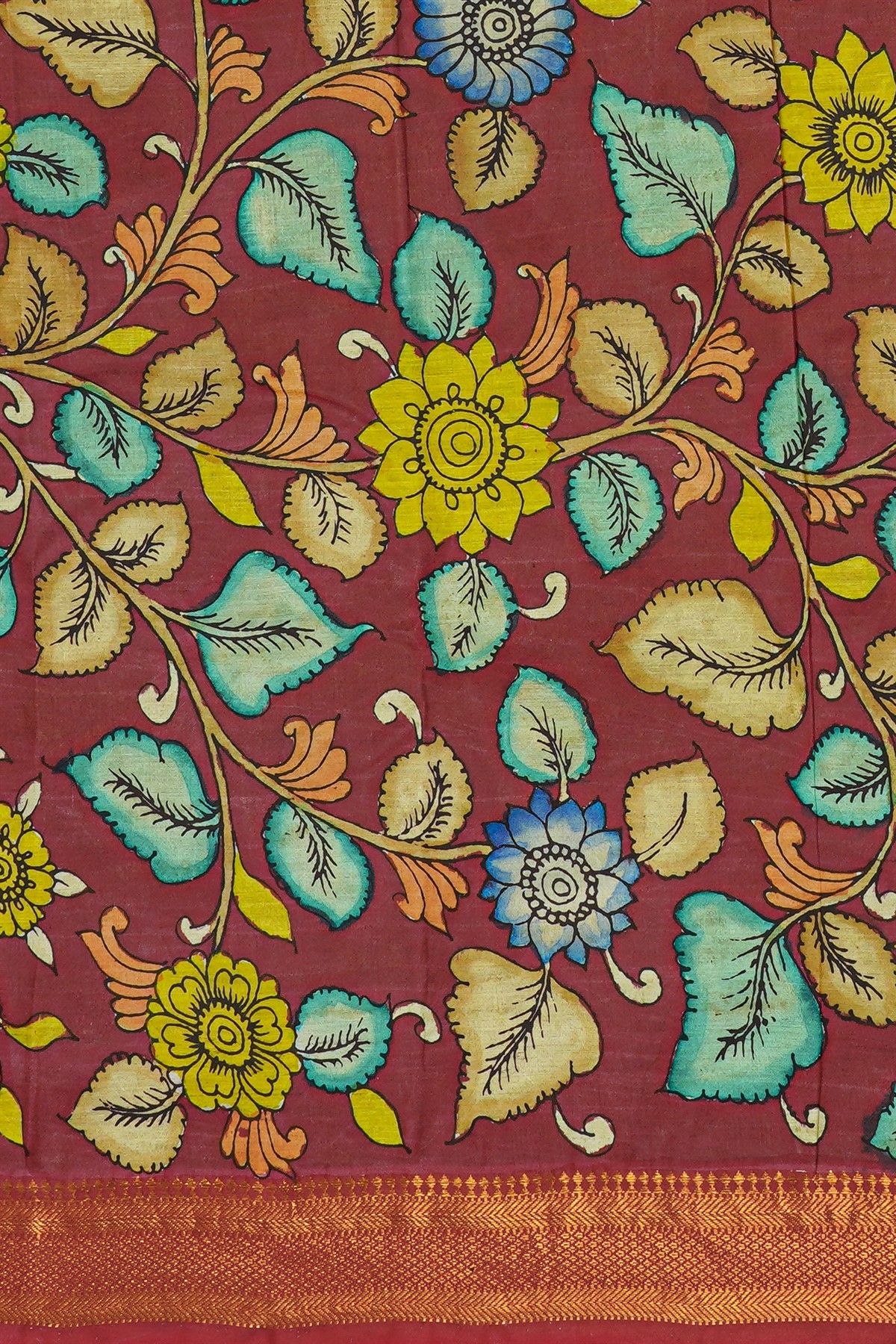 Kalamkari Yellow Saree With Florals And Cross Lines Border