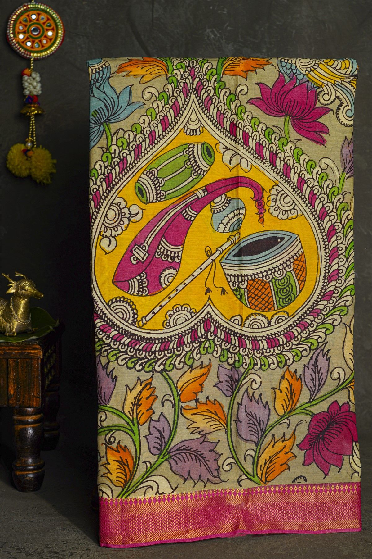 Kalamkari Sea Green Saree With Diamonds Border