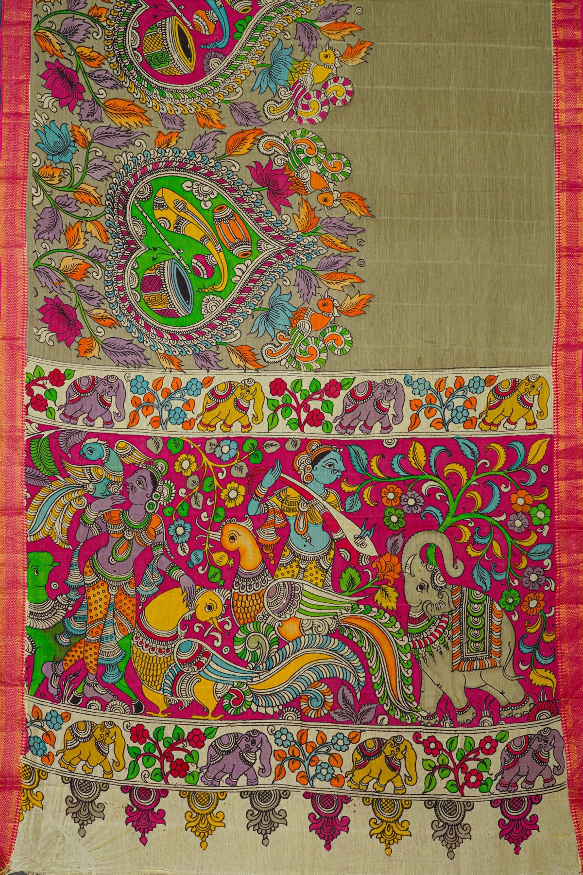 Kalamkari Sea Green Saree With Diamonds Border
