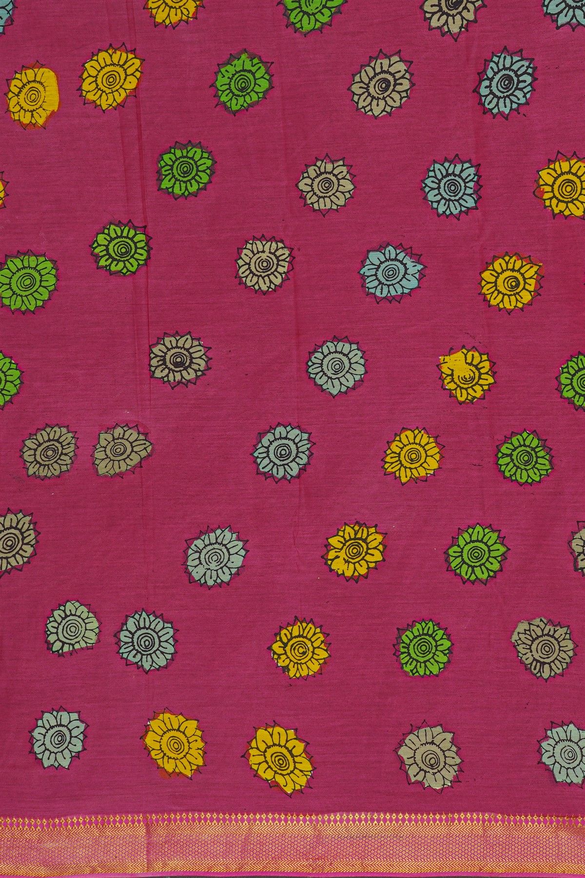 Kalamkari Sea Green Saree With Diamonds Border
