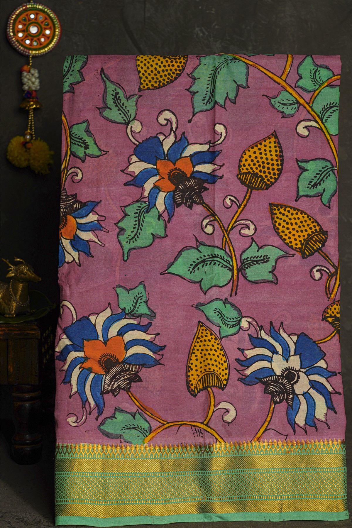 Kalamkari Pink Saree With Diamonds And Temple Border