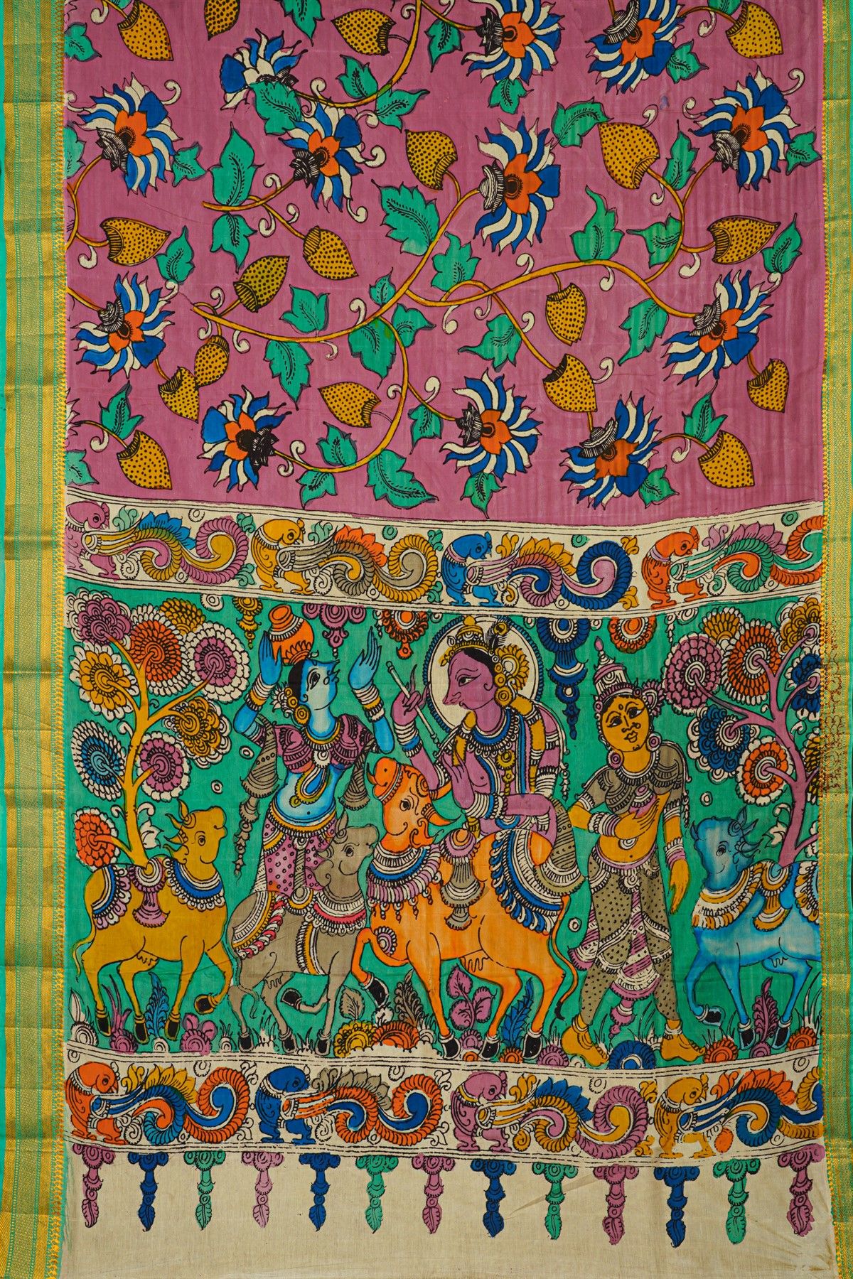 Kalamkari Pink Saree With Diamonds And Temple Border