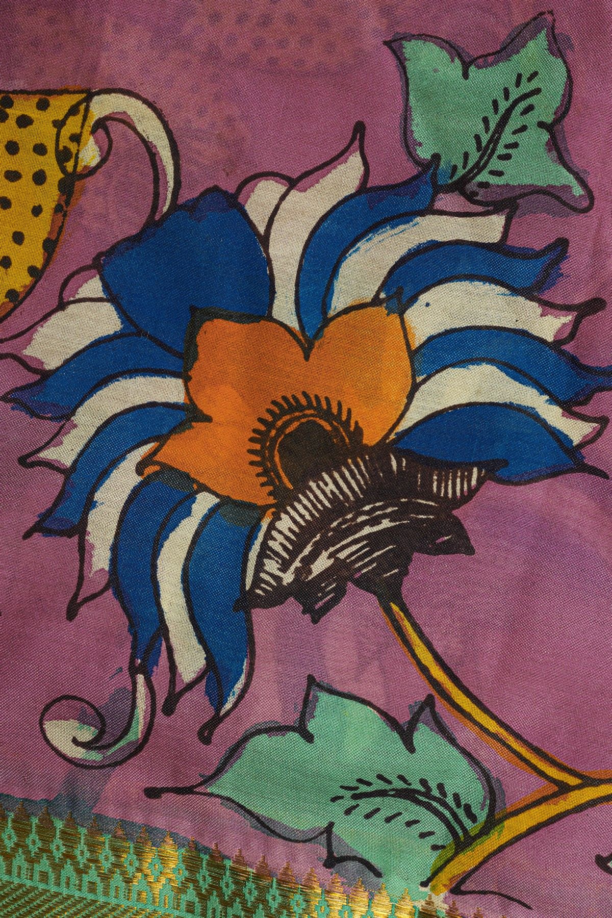 Kalamkari Pink Saree With Diamonds And Temple Border