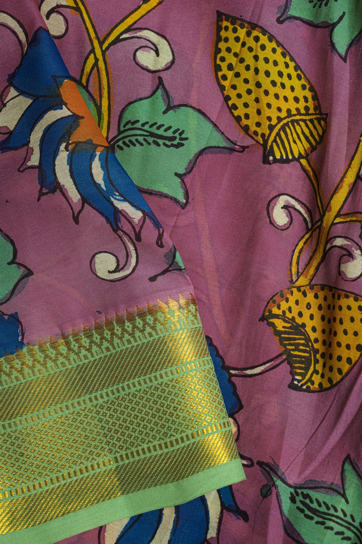 Kalamkari Pink Saree With Diamonds And Temple Border