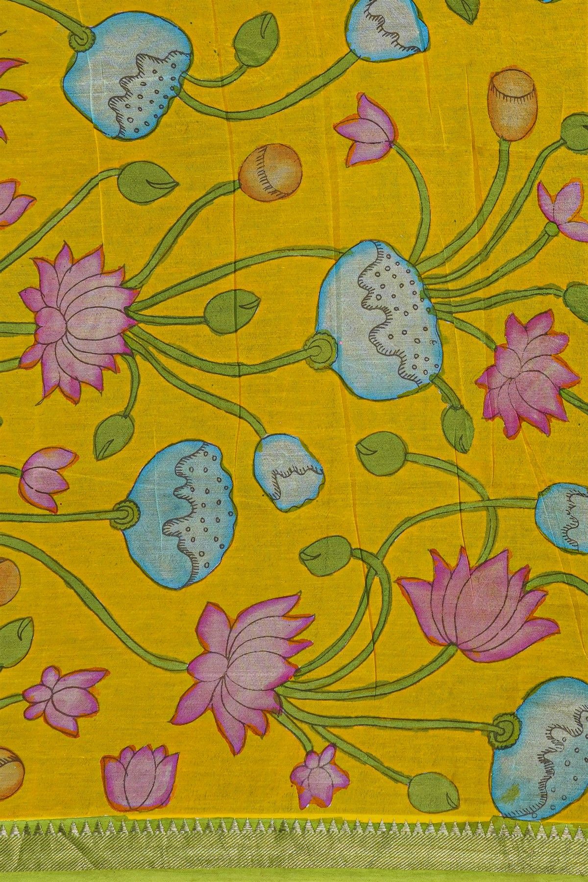 Kalamkari Green Saree With Cross Lines Temple Border