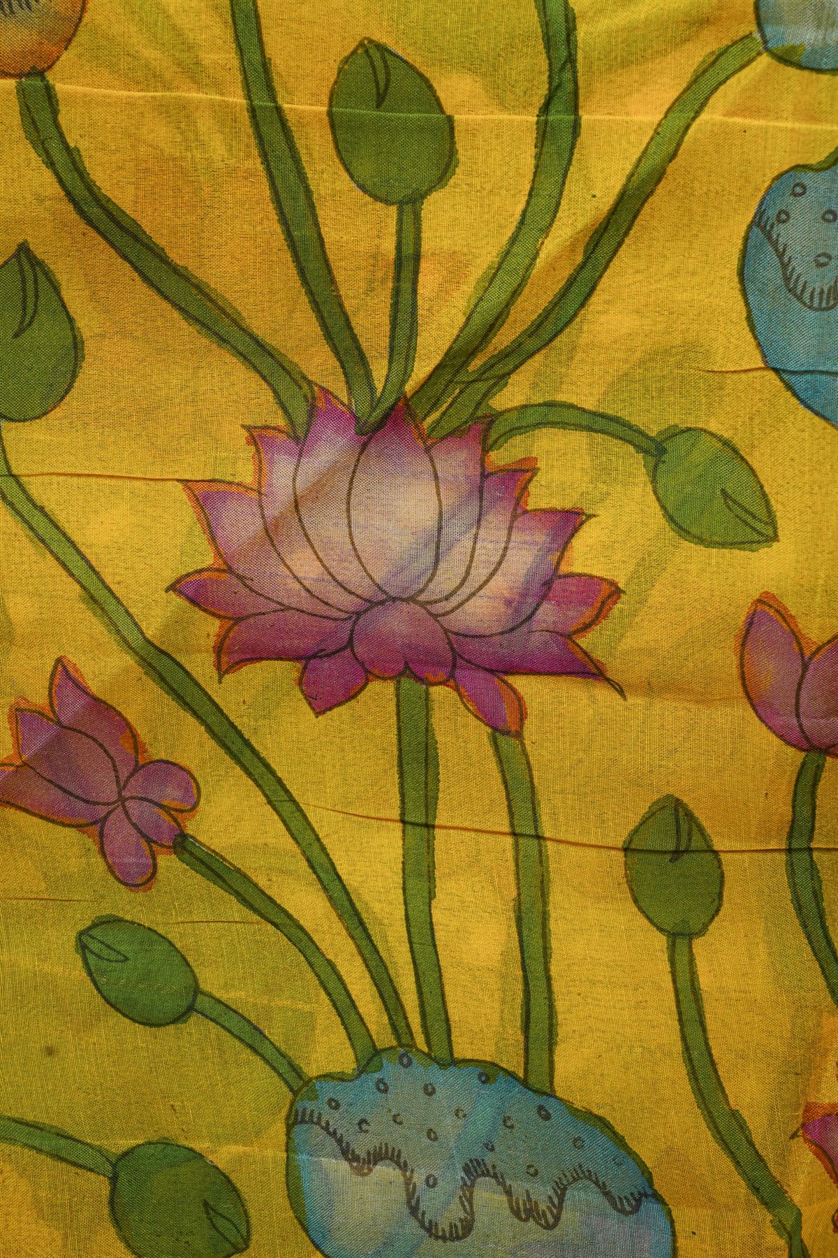 Kalamkari Green Saree With Cross Lines Temple Border