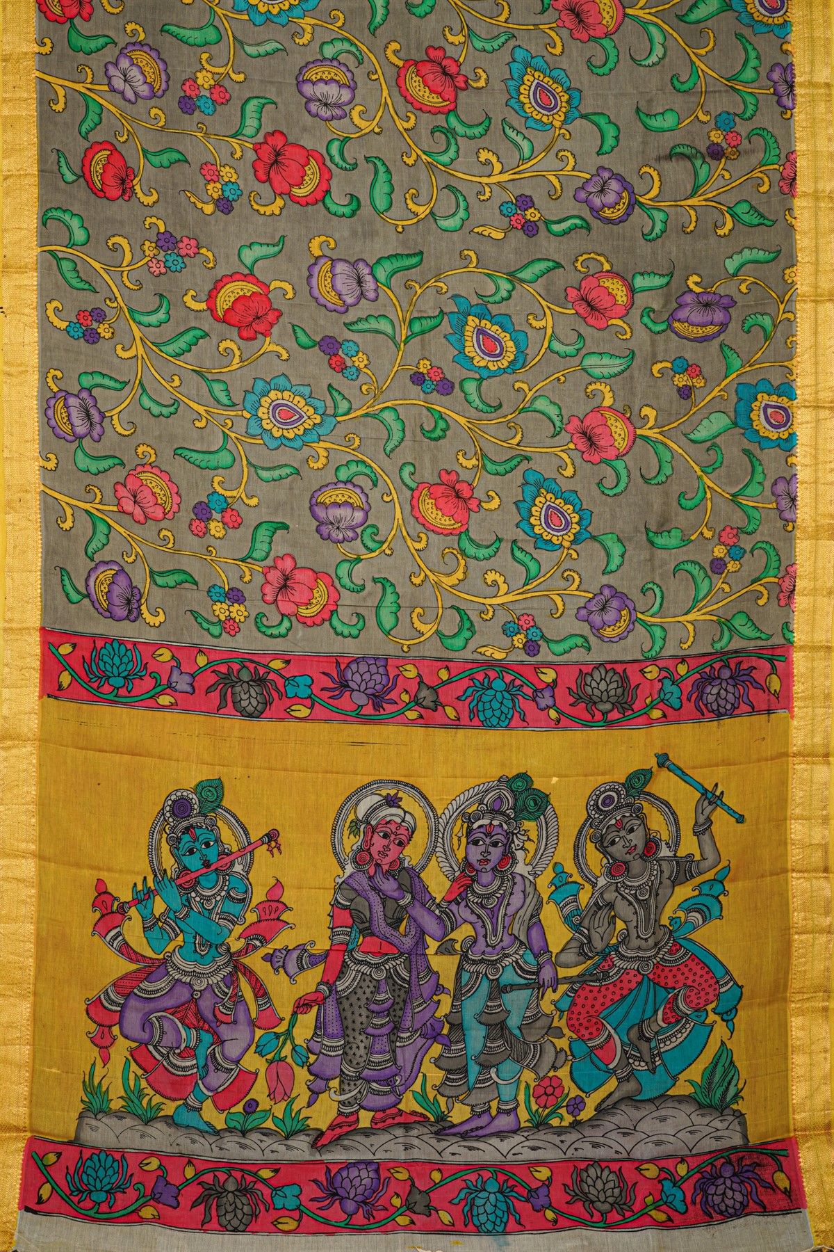 Kalamkari Grey Saree With Diamonds And Cross Lines Border