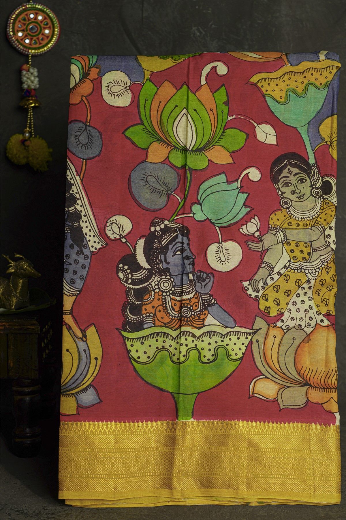 Kalamkari Silk Multi Colour Saree With Diamonds Border