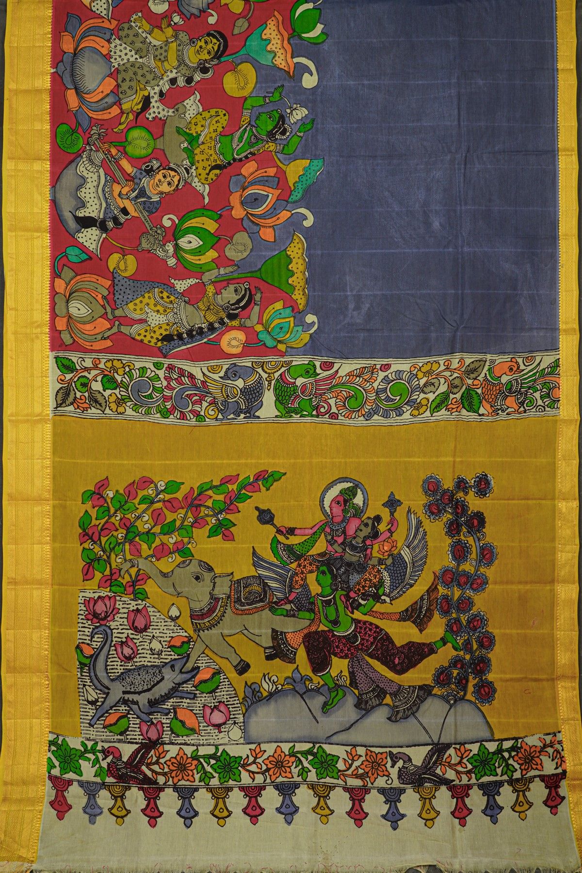 Kalamkari Silk Multi Colour Saree With Diamonds Border