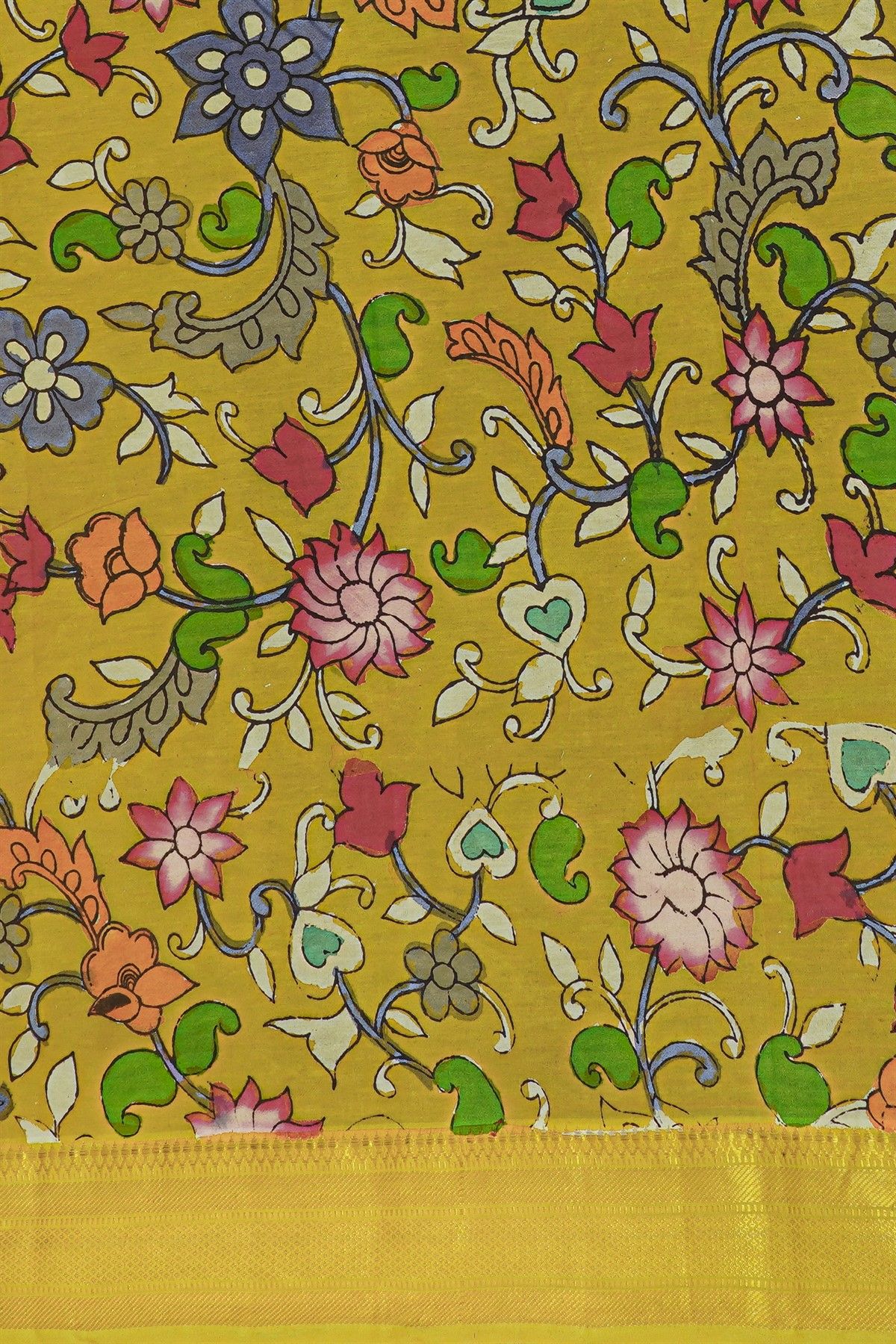 Kalamkari Silk Multi Colour Saree With Diamonds Border