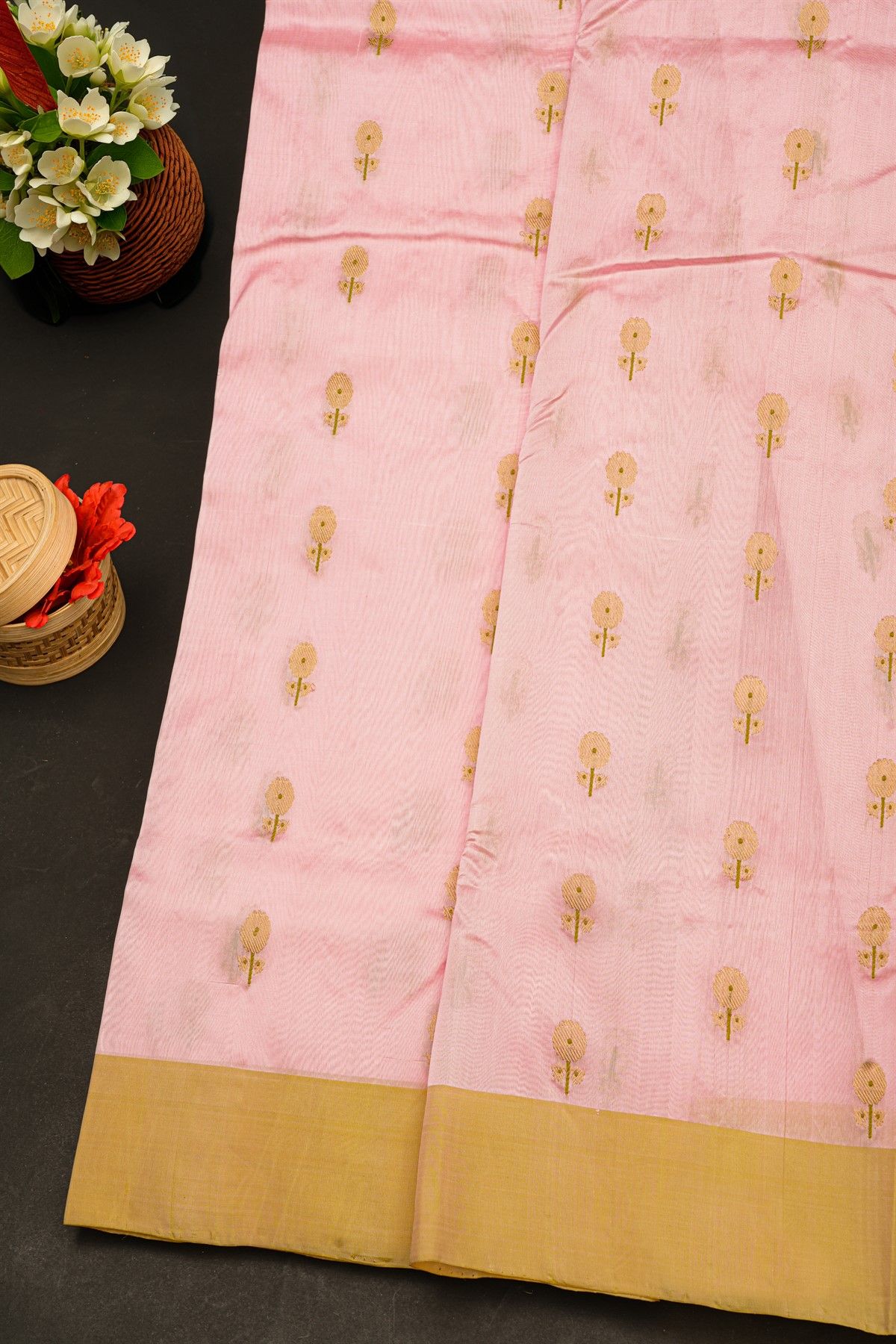 Chanderi Silk Baby Pink Saree With Florals And Buttis Body