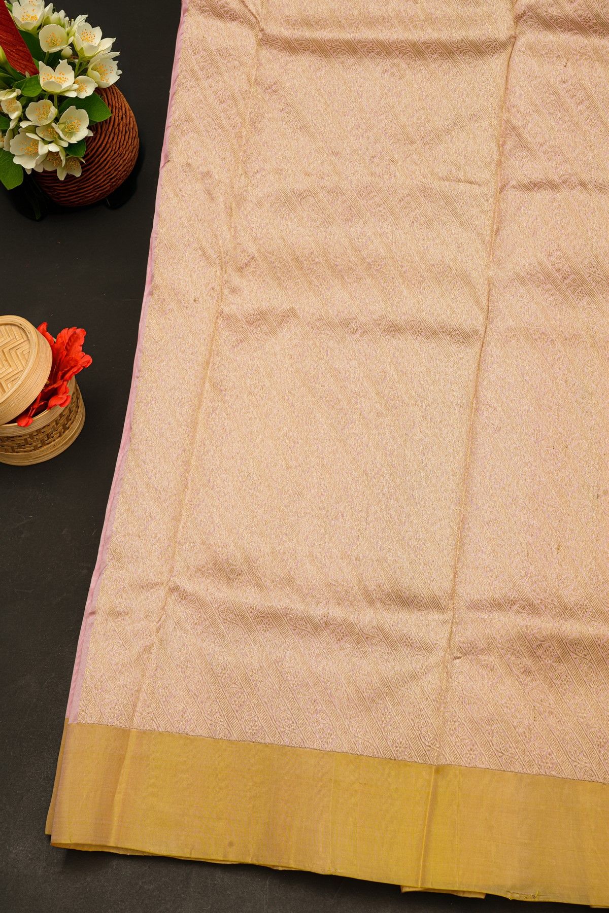 Chanderi Silk Baby Pink Saree With Florals And Buttis Body