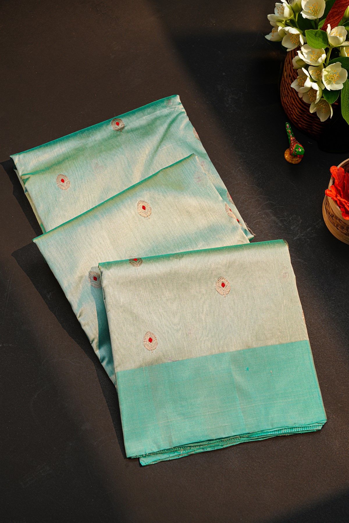 Chanderi Silk Mint Blue Saree With Florals And Buttis Body