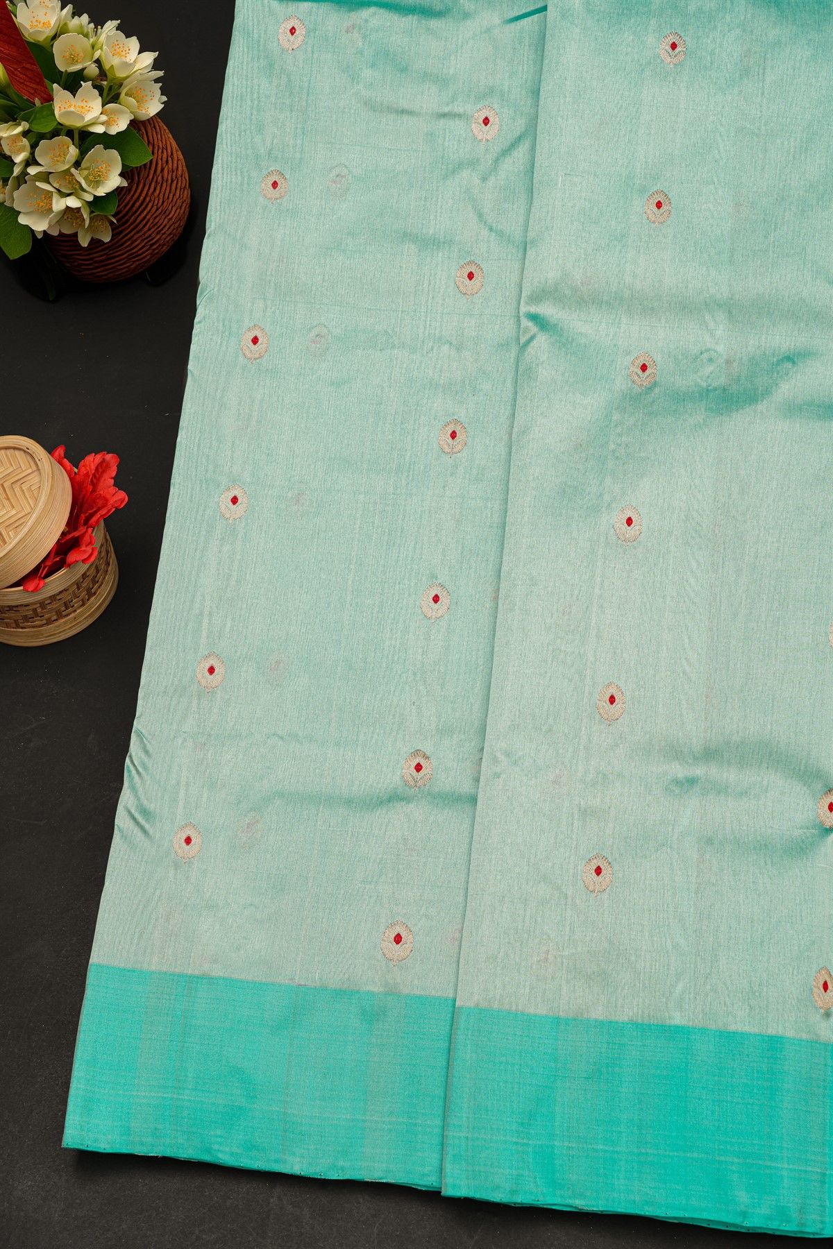 Chanderi Silk Mint Blue Saree With Florals And Buttis Body