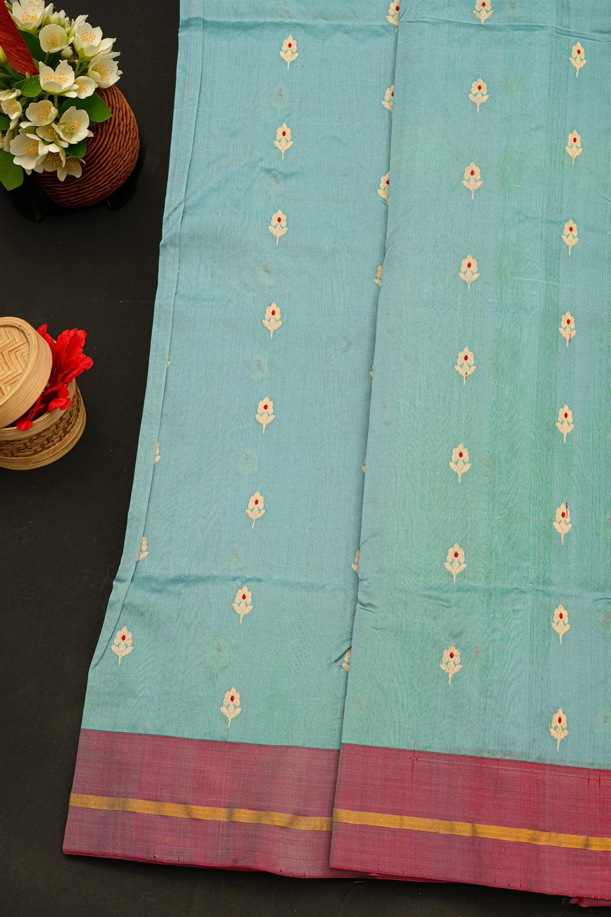 Chanderi Silk Powder Blue Saree With Florals And Buttis Body