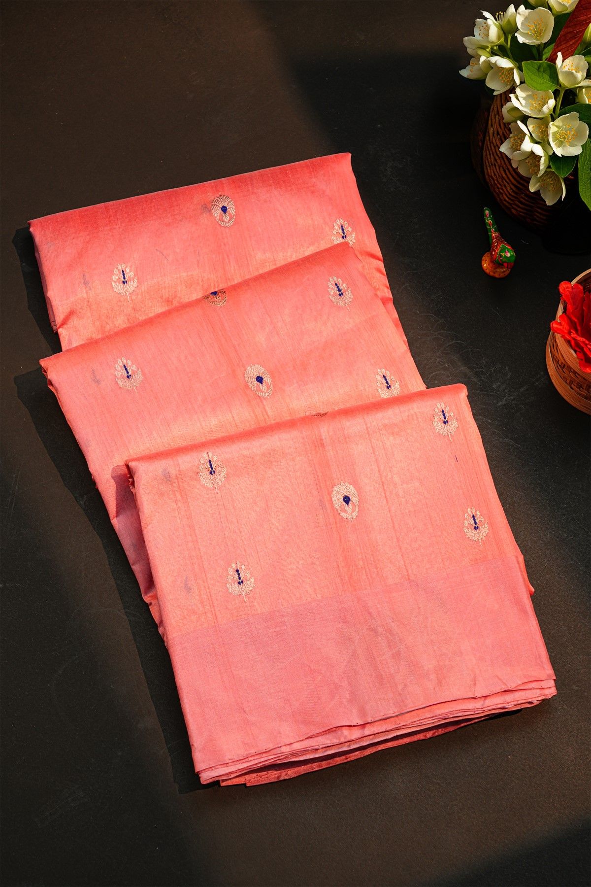 Chanderi Silk Peach Pink Saree With Florals And Buttis Body