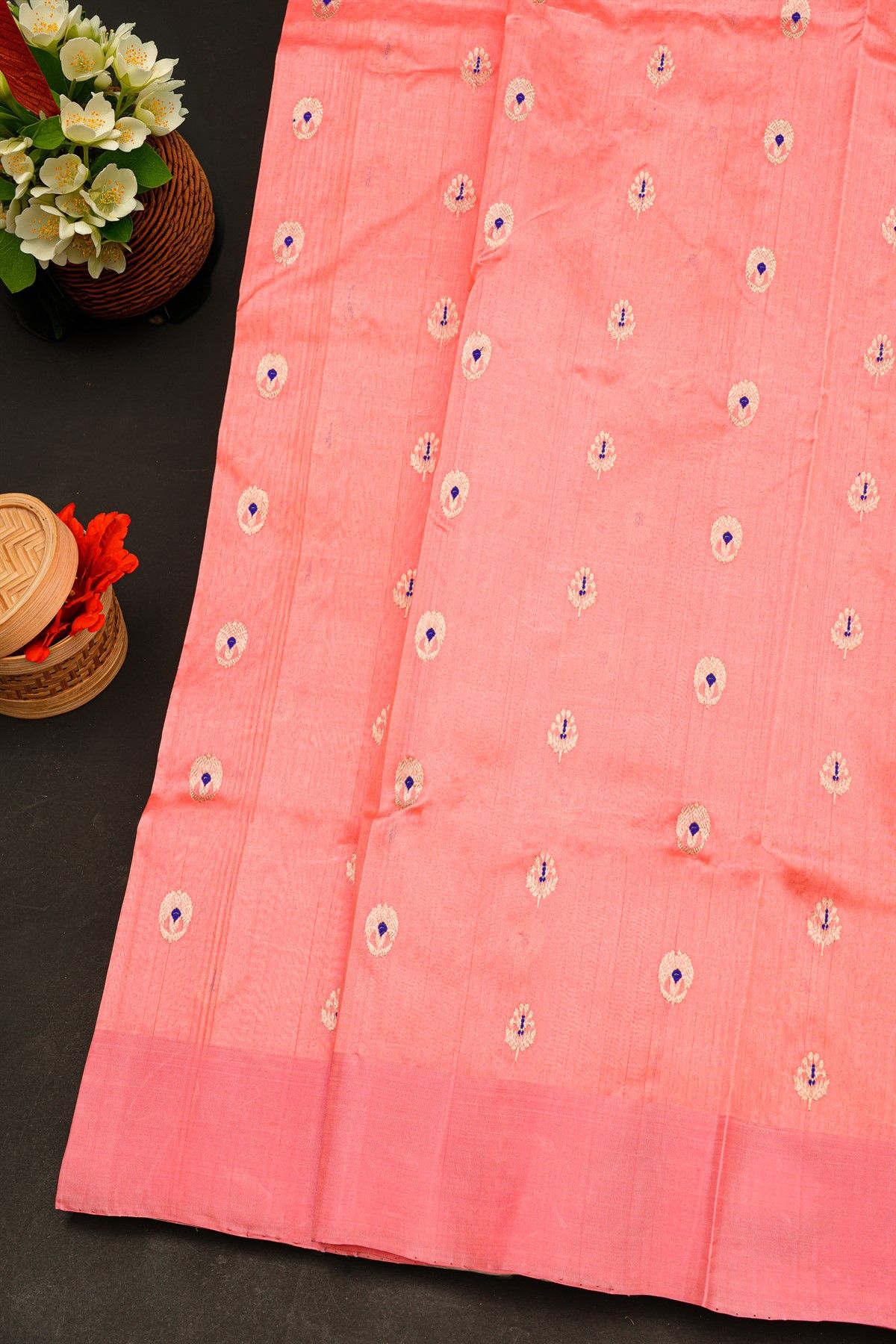 Chanderi Silk Peach Pink Saree With Florals And Buttis Body