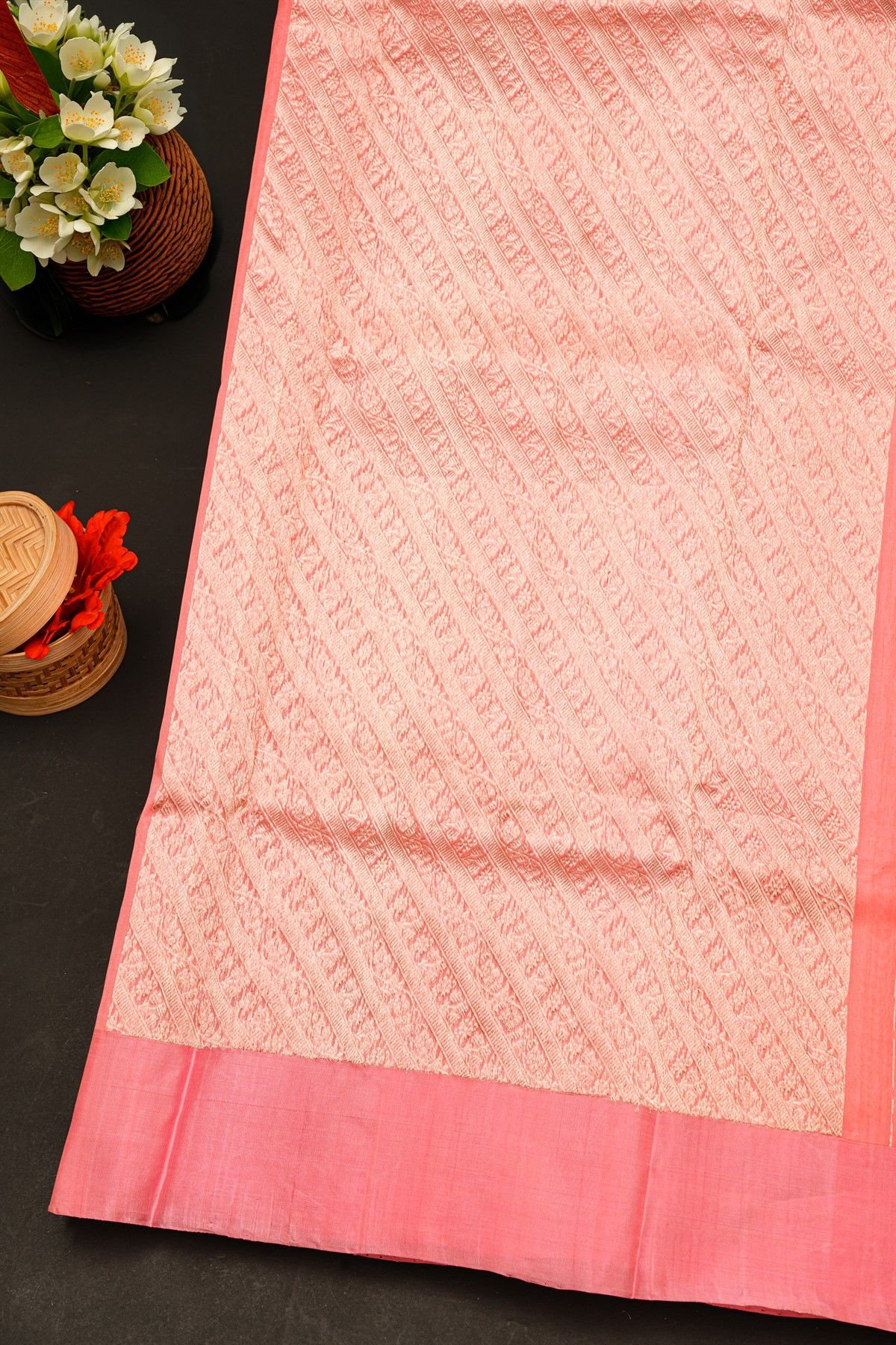 Chanderi Silk Peach Pink Saree With Florals And Buttis Body