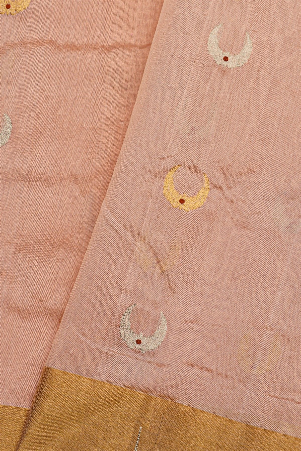 Chanderi Silk Peach Saree With Muniya Buttis Border